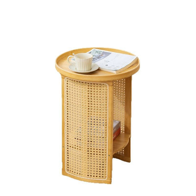 Traditional Japanese Rattan Bamboo Round Hollow End Table With 2-Tier For Living Room