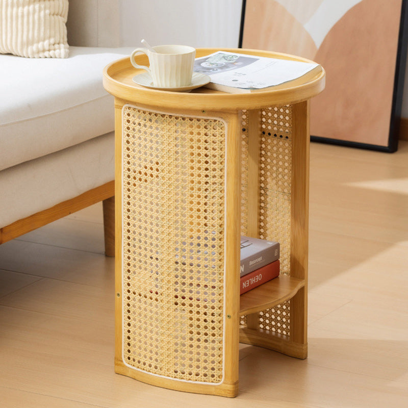 Traditional Japanese Rattan Bamboo Round Hollow End Table With 2-Tier For Living Room