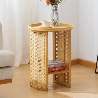 Traditional Japanese Rattan Bamboo Round Hollow End Table With 2-Tier For Living Room