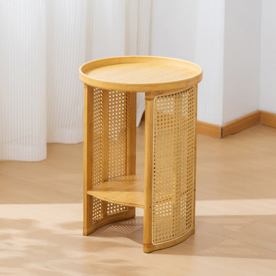 Traditional Japanese Rattan Bamboo Round Hollow End Table With 2-Tier For Living Room