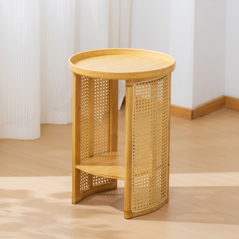 Traditional Japanese Rattan Bamboo Round Hollow End Table With 2-Tier For Living Room