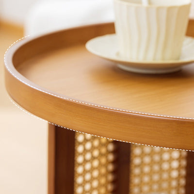 Traditional Japanese Rattan Bamboo Round Hollow End Table With 2-Tier For Living Room
