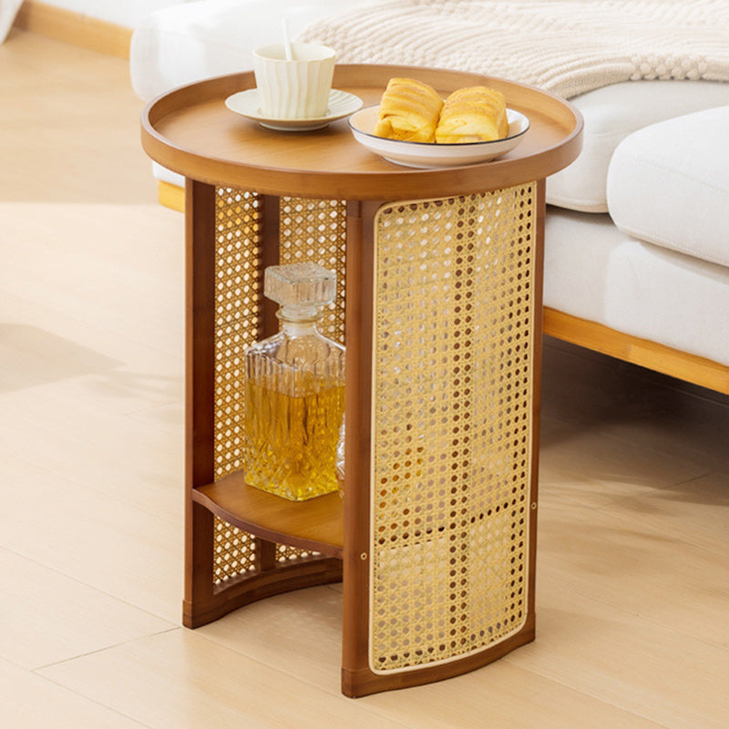 Traditional Japanese Rattan Bamboo Round Hollow End Table With 2-Tier For Living Room