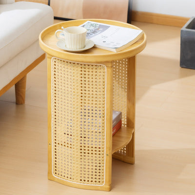 Traditional Japanese Rattan Bamboo Round Hollow End Table With 2-Tier For Living Room