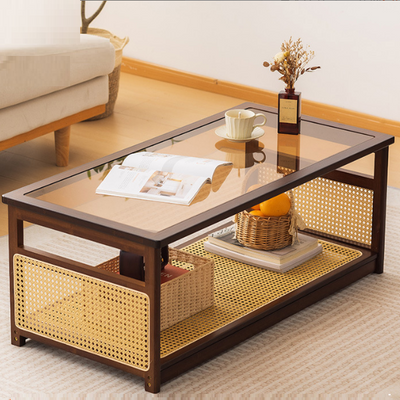 Table basse rectangulaire creuse en verre traditionnel japonais en bambou et métal avec 2 niveaux pour salon 