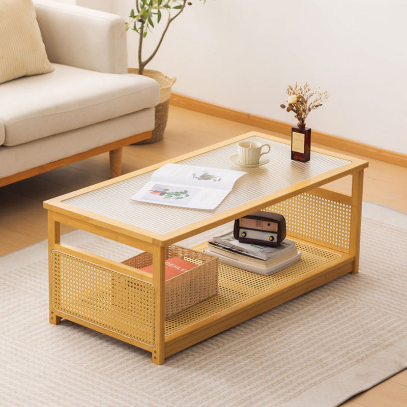 Table basse rectangulaire creuse en verre traditionnel japonais en bambou et métal avec 2 niveaux pour salon 