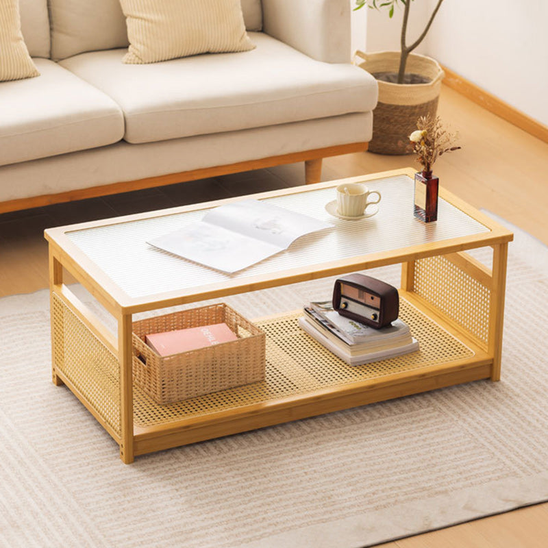 Table basse rectangulaire creuse en verre traditionnel japonais en bambou et métal avec 2 niveaux pour salon 