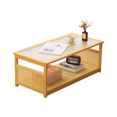 Table basse rectangulaire creuse en verre traditionnel japonais en bambou et métal avec 2 niveaux pour salon 
