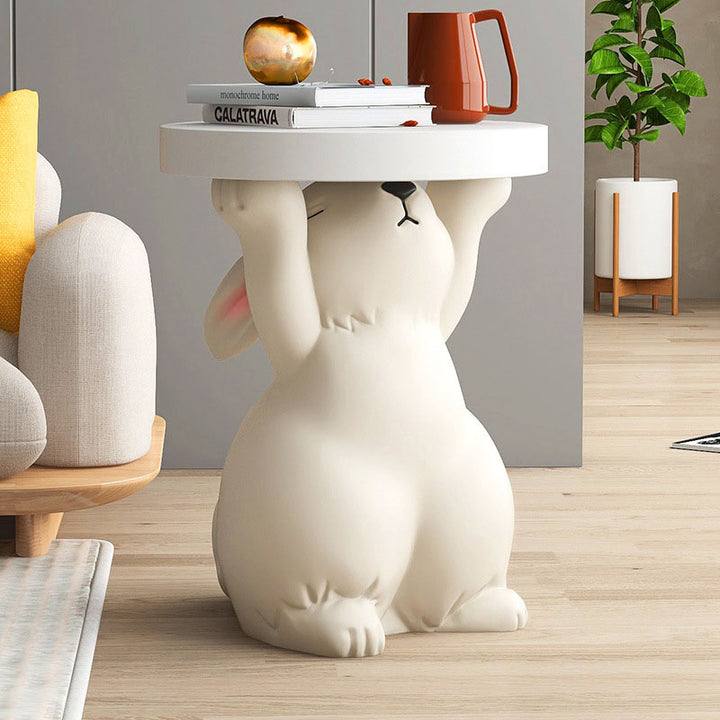 Mesa Auxiliar Redonda de 1 Nivel de Resina de Fibra de Vidrio con Conejo de Estilo Art Deco Moderno Para Sala de Estar 