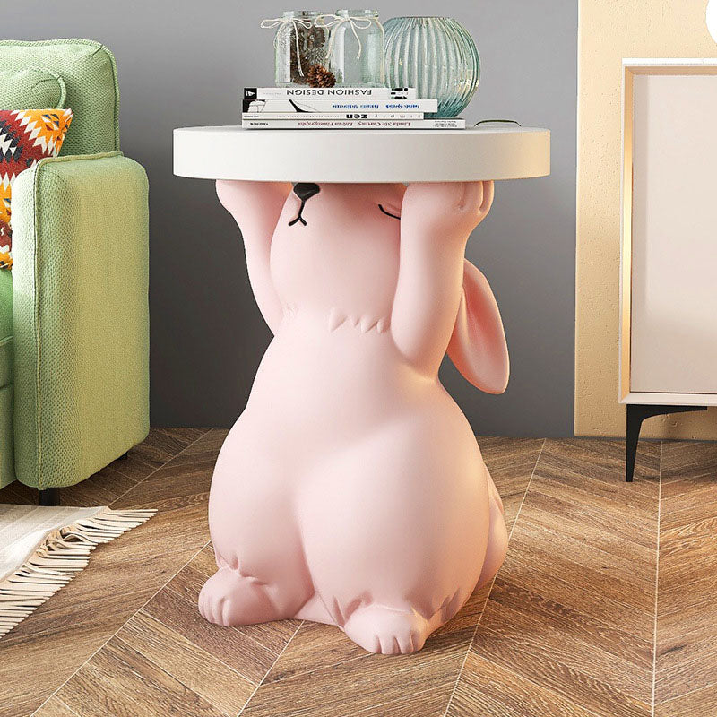 Modern Art Deco Fiberglass Resin Rabbit Round End Table 1-Tier For Living Room