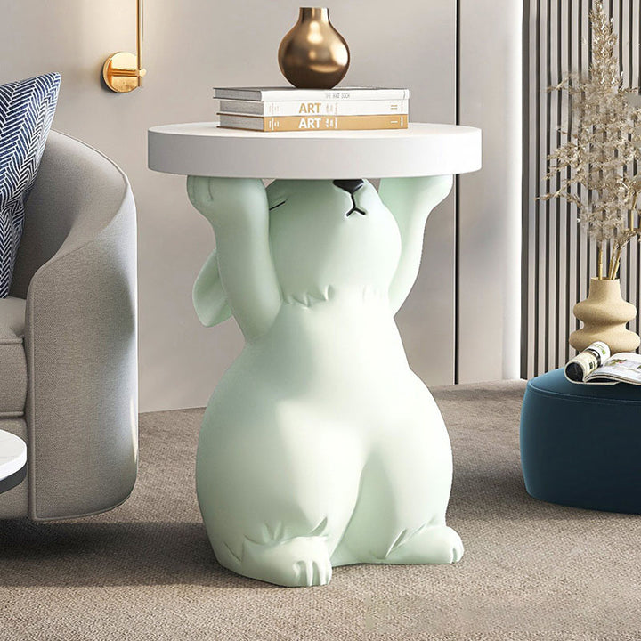 Mesa Auxiliar Redonda de 1 Nivel de Resina de Fibra de Vidrio con Conejo de Estilo Art Deco Moderno Para Sala de Estar 