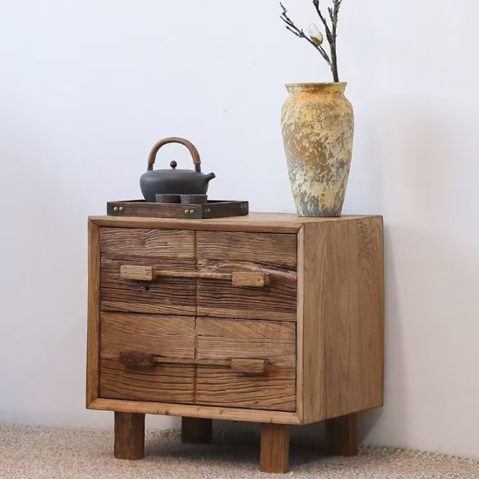Chevet carré en bois massif chinois traditionnel à texture avec 2 tiroirs pour chambre 