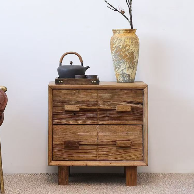 Chevet carré en bois massif chinois traditionnel à texture avec 2 tiroirs pour chambre 