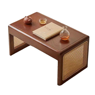 Traditional Japanese Rattan Solid Wood Hollow Rectangular End Table 1-Tier For Living Room