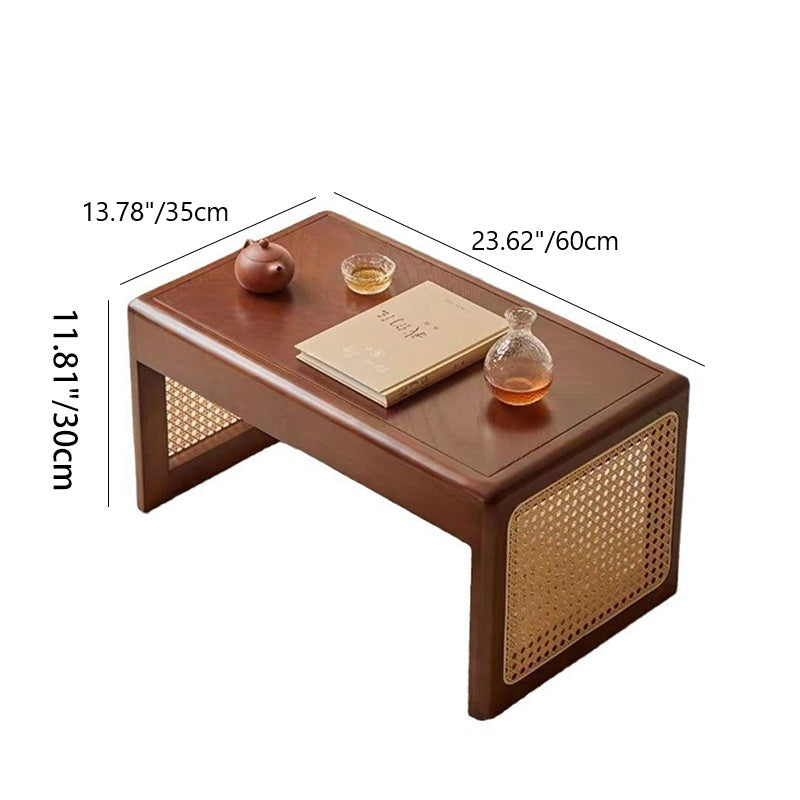 Traditional Japanese Rattan Solid Wood Hollow Rectangular End Table 1-Tier For Living Room