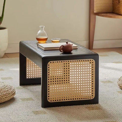 Traditional Japanese Rattan Solid Wood Hollow Rectangular End Table 1-Tier For Living Room