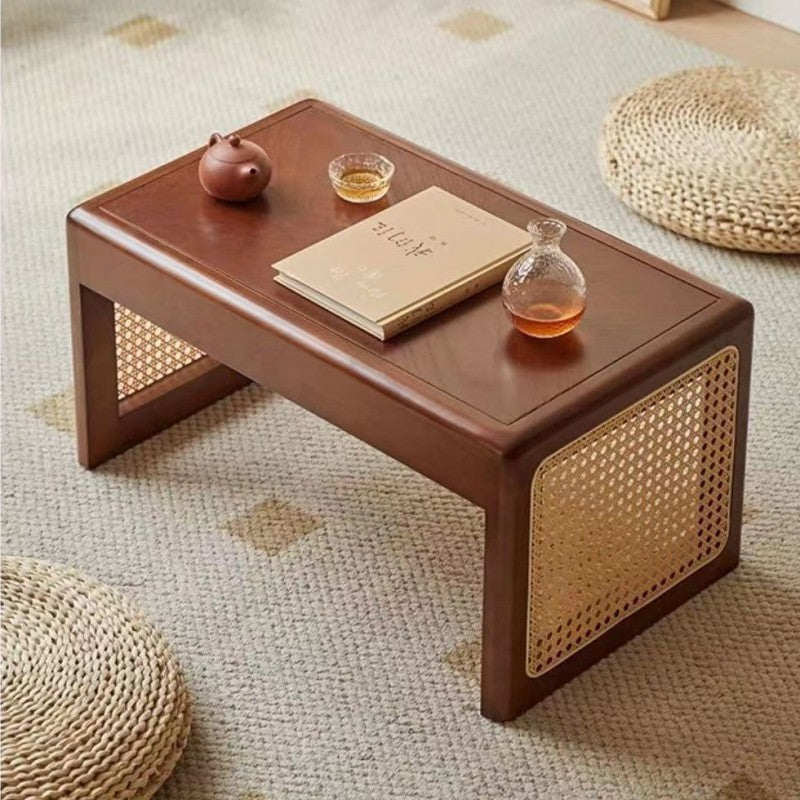 Traditional Japanese Rattan Solid Wood Hollow Rectangular End Table 1-Tier For Living Room