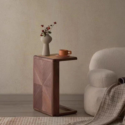 Traditional Japanese Rattan Solid Wood Hollow Rectangular End Table 1-Tier For Living Room
