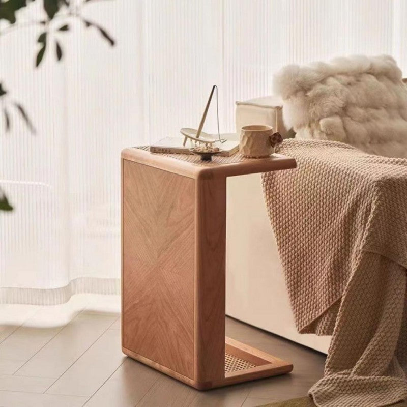 Traditional Japanese Rattan Solid Wood Hollow Rectangular End Table 1-Tier For Living Room