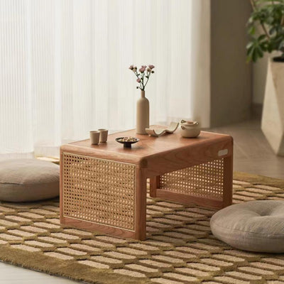 Traditional Japanese Rattan Solid Wood Hollow Rectangular End Table 1-Tier For Living Room