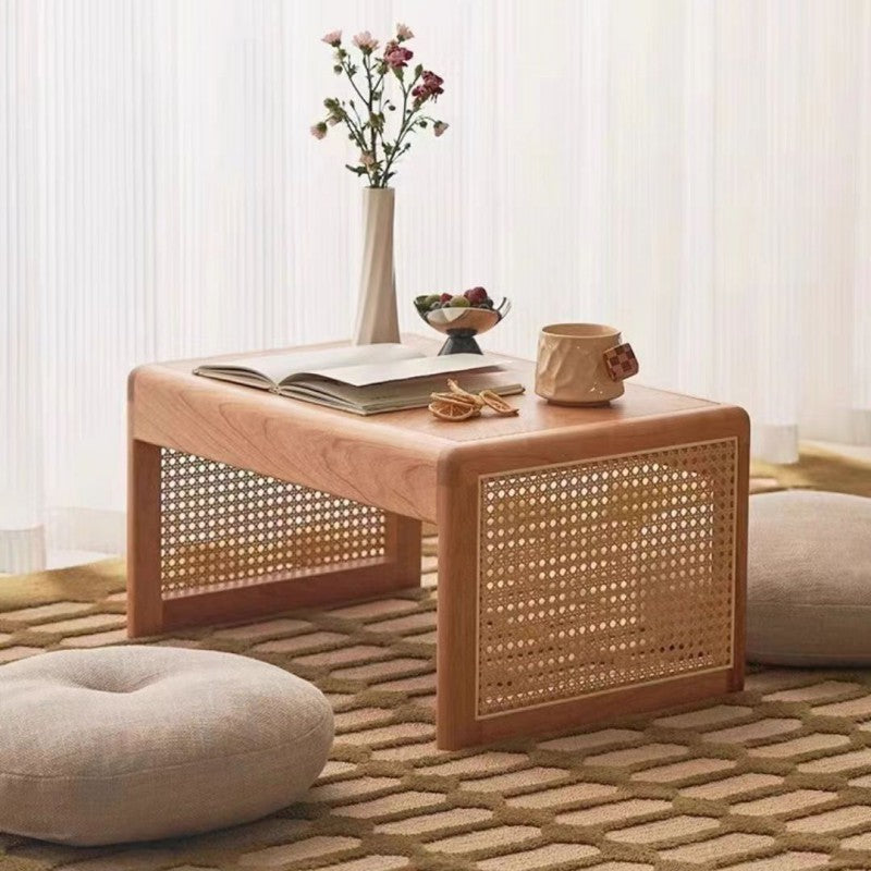 Traditional Japanese Rattan Solid Wood Hollow Rectangular End Table 1-Tier For Living Room