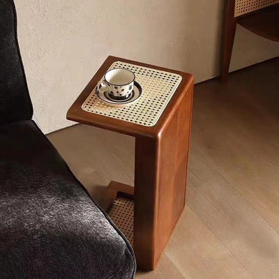 Traditional Japanese Rattan Solid Wood Hollow Rectangular End Table 1-Tier For Living Room