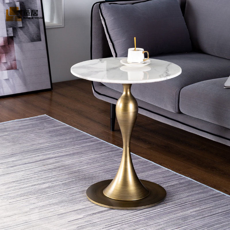 Contemporary Scandinavian Marble Metal Round End Table With 1-Tier For Living Room
