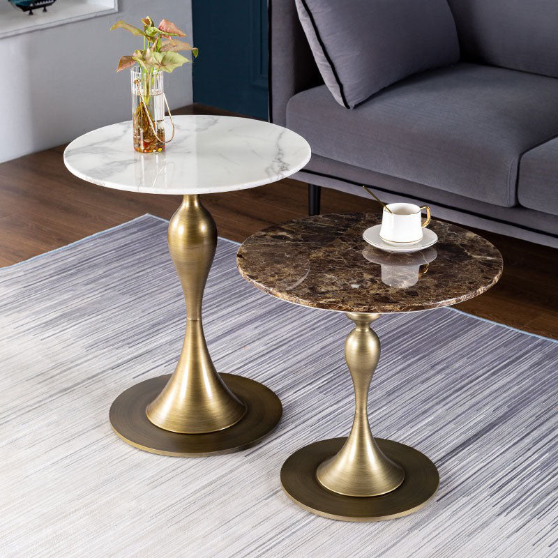 Contemporary Scandinavian Marble Metal Round End Table With 1-Tier For Living Room
