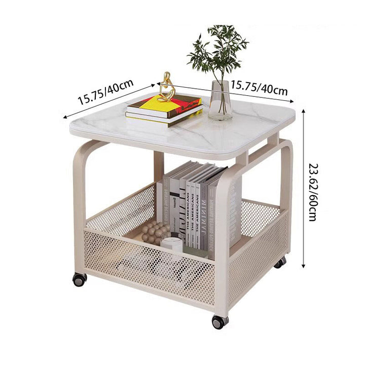 Mesa Auxiliar Cuadrada Redondeada de Acero al Carbono y Piedra Minimalista Moderna con Almacenamiento de 2 Niveles para Sala de Estar 