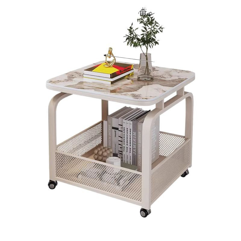 Modern Minimalist Stone Carbon Steel Rounded Square Side Table With 2-Tier Storage For Living Room