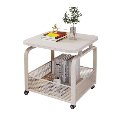 Modern Minimalist Stone Carbon Steel Rounded Square Side Table With 2-Tier Storage For Living Room