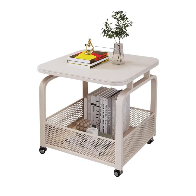 Modern Minimalist Stone Carbon Steel Rounded Square Side Table With 2-Tier Storage For Living Room