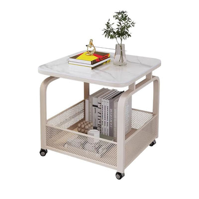 Modern Minimalist Stone Carbon Steel Rounded Square Side Table With 2-Tier Storage For Living Room