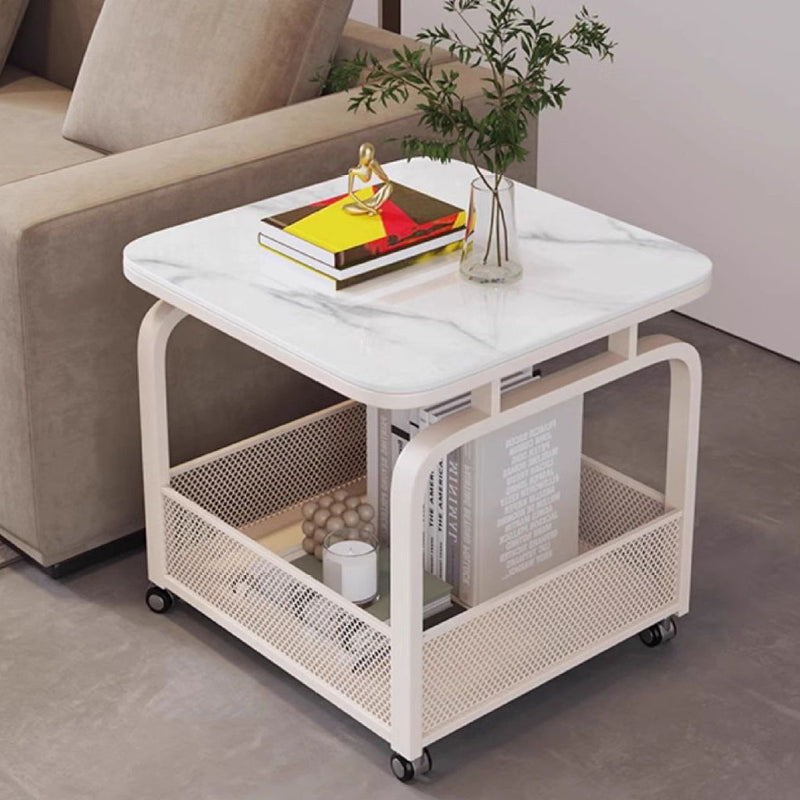 Modern Minimalist Stone Carbon Steel Rounded Square Side Table With 2-Tier Storage For Living Room