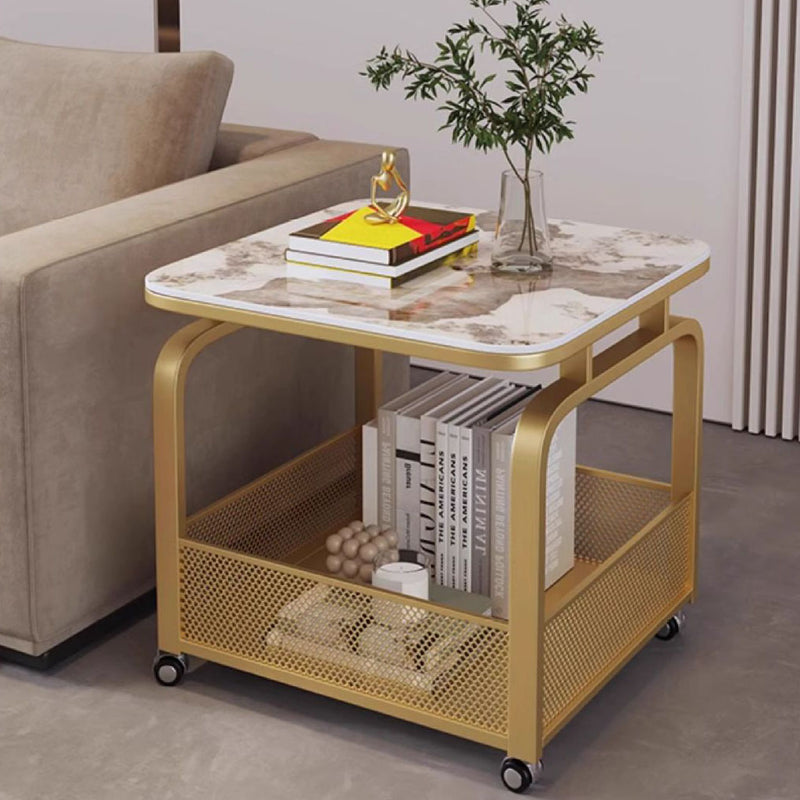 Modern Minimalist Stone Carbon Steel Rounded Square Side Table With 2-Tier Storage For Living Room