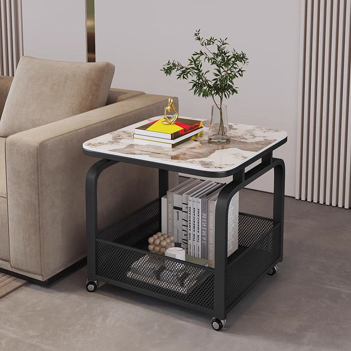 Mesa Auxiliar Cuadrada Redondeada de Acero al Carbono y Piedra Minimalista Moderna con Almacenamiento de 2 Niveles para Sala de Estar 