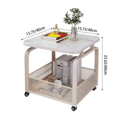 Modern Minimalist Stone Carbon Steel Rounded Square Side Table With 2-Tier Storage For Living Room