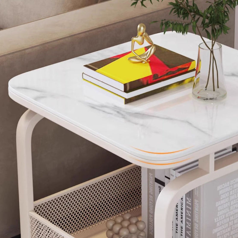 Modern Minimalist Stone Carbon Steel Rounded Square Side Table With 2-Tier Storage For Living Room