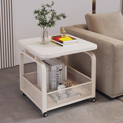 Modern Minimalist Stone Carbon Steel Rounded Square Side Table With 2-Tier Storage For Living Room