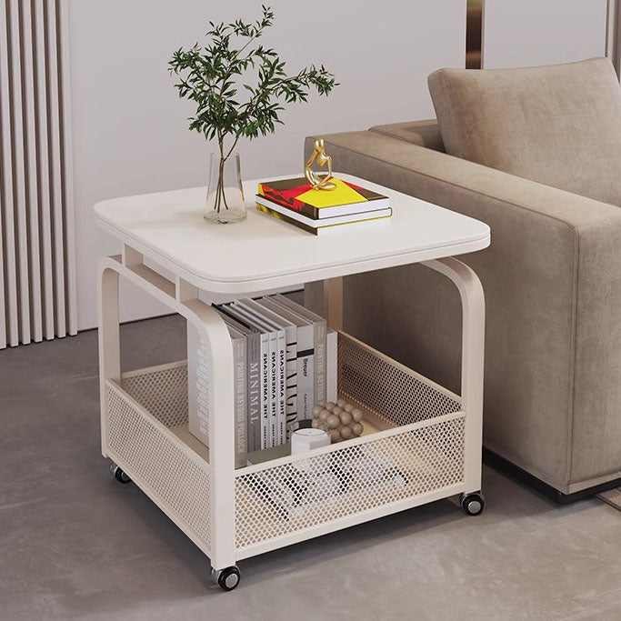 Modern Minimalist Stone Carbon Steel Rounded Square Side Table With 2-Tier Storage For Living Room