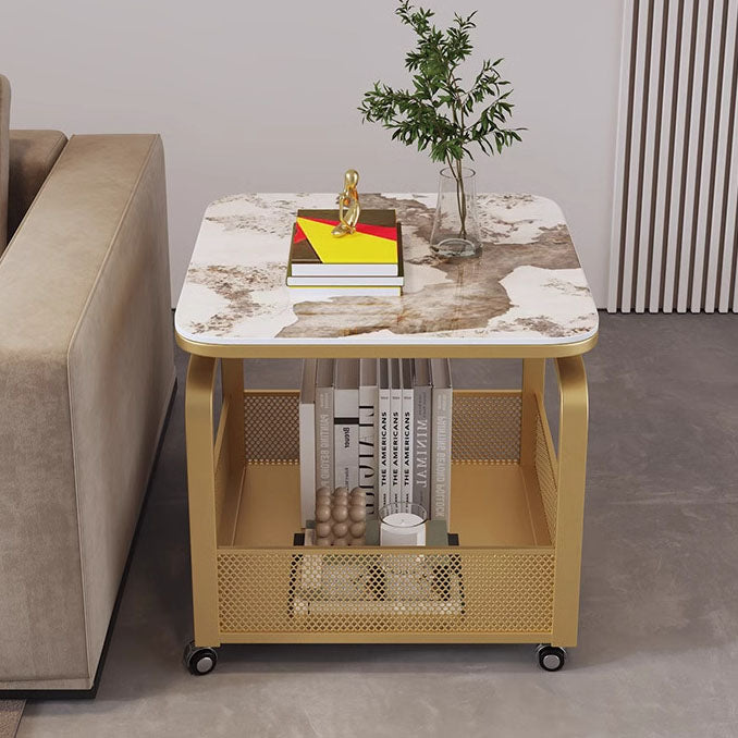 Modern Minimalist Stone Carbon Steel Rounded Square Side Table With 2-Tier Storage For Living Room