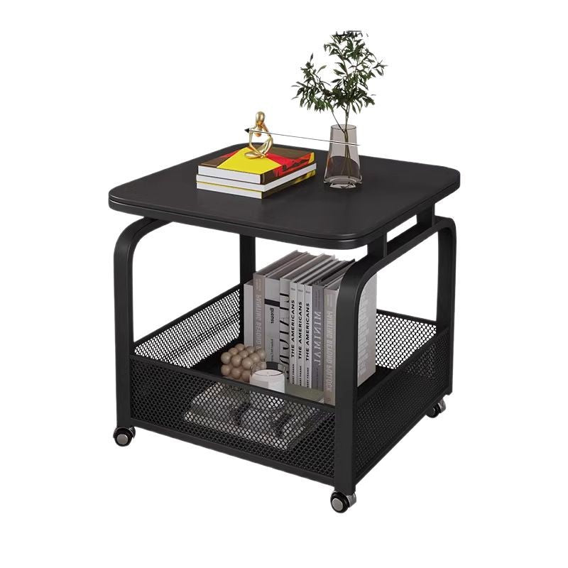 Modern Minimalist Stone Carbon Steel Rounded Square Side Table With 2-Tier Storage For Living Room