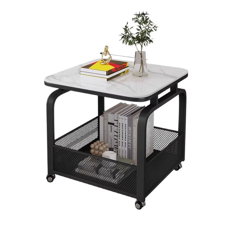 Modern Minimalist Stone Carbon Steel Rounded Square Side Table With 2-Tier Storage For Living Room