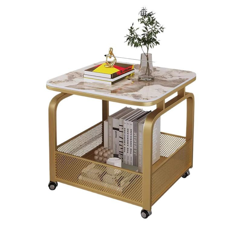 Modern Minimalist Stone Carbon Steel Rounded Square Side Table With 2-Tier Storage For Living Room
