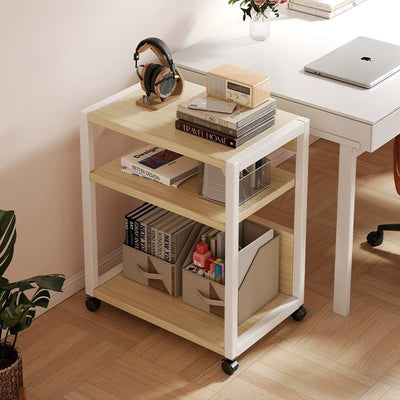 Modern Minimalist Wood Metal Rectangular Mobile Side Table With 3-Tier For Living Room