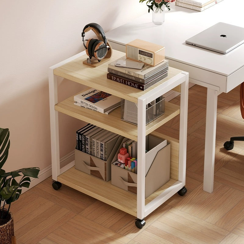 Modern Minimalist Wood Metal Rectangular Mobile Side Table With 3-Tier For Living Room