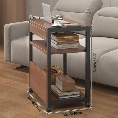 Modern Minimalist Wood Metal Rectangular Mobile Side Table With 3-Tier For Living Room