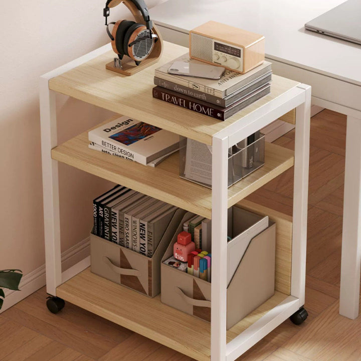 Modern Minimalist Wood Metal Rectangular Mobile Side Table With 3-Tier For Living Room