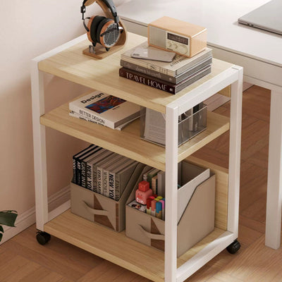 Modern Minimalist Wood Metal Rectangular Mobile Side Table With 3-Tier For Living Room