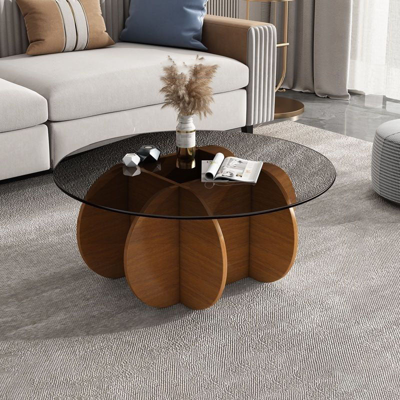 Table basse ronde courbée en bois et verre trempé créatif contemporain à 1 niveau pour salon 